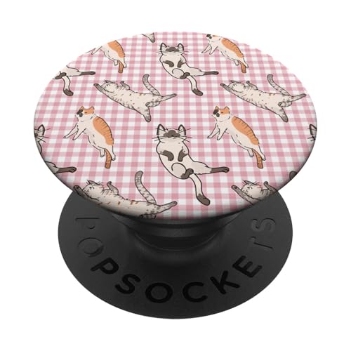 Niedliches verspieltes Katzenmuster auf Retro-Pink-Gingham PopSockets Klebender PopGrip von Retro-Katzenillustrationen