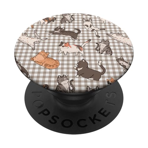 Wunderliches Kitty-Muster auf hellbeigem Gingham PopSockets Klebender PopGrip von Retro-Katzenillustrationen