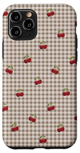 Hülle für iPhone 11 Pro Retro-Kirschmuster auf Latte Brown Gingham von Retro-Picknick-Kawaii-Muster mit roten Kirschen