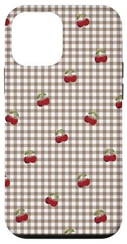 Hülle für iPhone 12 mini Rotes Kirschmuster auf Retro-braunem Gingham-Muster von Retro-Picknick-Kawaii-Muster mit roten Kirschen