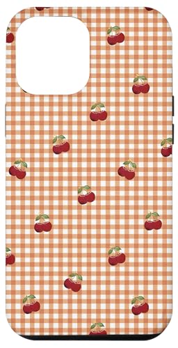 Hülle für iPhone 13 Pro Max Retro-Kirschmuster auf böhmischem orangefarbenem Gingham von Retro-Picknick-Kawaii-Muster mit roten Kirschen