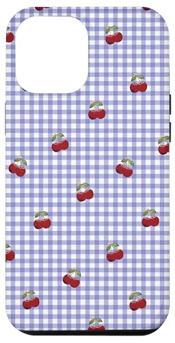 Hülle für iPhone 13 Pro Max Retro-Kirschmuster auf lila lila Gingham von Retro-Picknick-Kawaii-Muster mit roten Kirschen