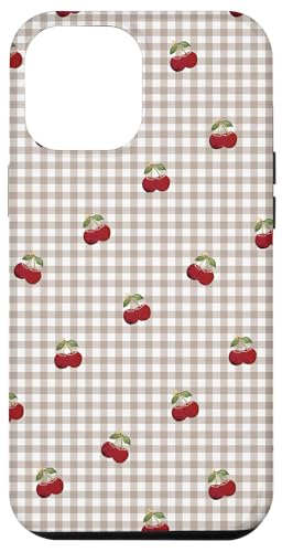 Hülle für iPhone 14 Pro Max Retro-Kirschmuster auf braunem beigem Gingham von Retro-Picknick-Kawaii-Muster mit roten Kirschen