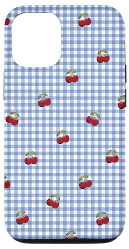 Hülle für iPhone 14 Retro-Kirschmuster auf himmelblauem Gingham von Retro-Picknick-Kawaii-Muster mit roten Kirschen