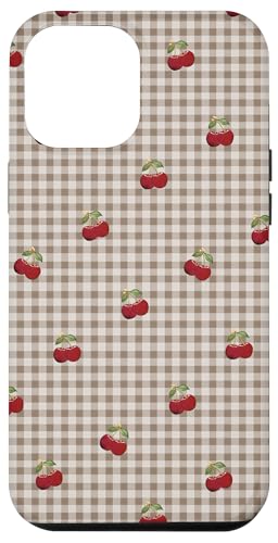 Hülle für iPhone 15 Pro Max Retro-Kirschmuster auf Latte Brown Gingham von Retro-Picknick-Kawaii-Muster mit roten Kirschen