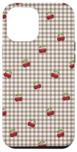 Hülle für iPhone 15 Pro Max Rotes Kirschmuster auf Retro-braunem Gingham-Muster von Retro-Picknick-Kawaii-Muster mit roten Kirschen