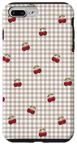 Hülle für iPhone 7 Plus/8 Plus Retro-Kirschmuster auf braunem beigem Gingham von Retro-Picknick-Kawaii-Muster mit roten Kirschen