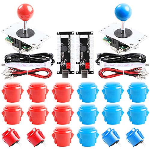 Reyann 2 Spieler Arcade Game DIY-Teile USB-PC-Joystick für MAME Spiel DIY (2 x Nullverzögerungs USB Encoder + 2x 5 Pin 8 Wege Joystick + 20 x Drucktasten) Rot + Blau Kits unterstützt alle Windows-System , Videospiele von Reyann