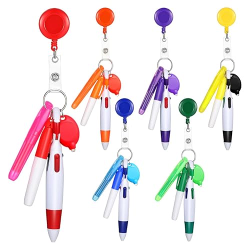 Reykentu 6 x Ausweishilfe, einziehbare Stifte, Clip mit Mini-Textmarker, Krankenschwester-Stift, Neon-Marker, LED-Schlüsselanhänger, Schlüsselanhänger von Reykentu