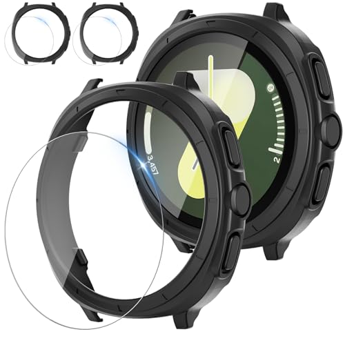 RiYHM Displayschutzfolie für Samsung Galaxy Watch 7, 40 mm, 40 mm, 40 mm nahtlos, harte PC-Stoßstange und gehärtete Glasfolie für Galaxy Watch 7, 40 mm, Schwarz von RiYHM