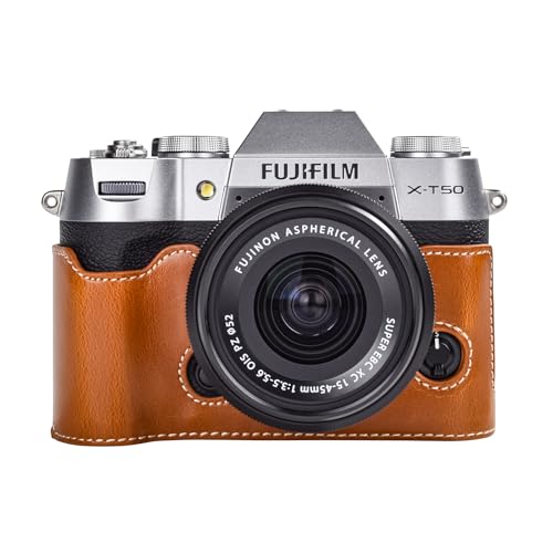 Rieibi X-T50 / XT50 Schutzhülle, handgefertigt, PU-Leder, Halbtasche, Öffnung unten, für Fujifilm X-T50/XT50 Digitalkamera, schützende Kameratasche für X-T50 XT50 (braun) von Rieibi