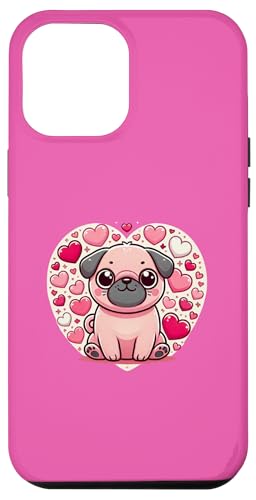 Hülle für iPhone 12 Pro Max Niedlicher rosa Mops umgeben von Herzen, Mops-Liebe, Mops-Liebhaber von RightUR Pug Lover