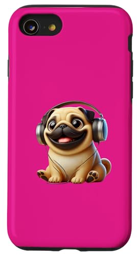 Hülle für iPhone SE (2020) / 7 / 8 Happy Pug mit Ohrhörern, Pug Lover, Pug Mom, Pug Dad von RightUR Pug Lover