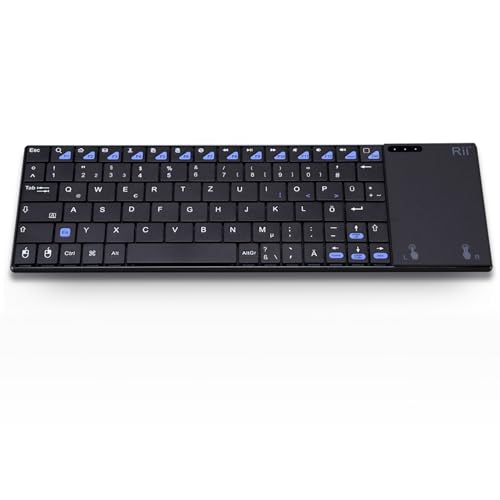 Rii Kabellose Tastatur mit Touchpad, Tastatur Kabellos mit QWERTZ, 2.4GHz Wireless Keyboard, Funktastatur mit Touchpad, PC Tastatur Kabellos für Laptops/Desktops/Smart-TVs, Wiederaufladbare von Rii