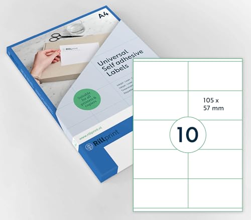 Rillprint Vielzweck Etiketten Selbstklebend - 1000 Stück – 105 x 57 mm - 10 Klebeetiketten pro A4-Blatt - Bedruckbar & Abziehbar - Universal Adressaufkleber - 100 Blatt, Weiß Rillprint Vielzweck Etiketten Selbstklebend - 1000 Stück – 105 x 57 mm - 10 Klebeetiketten pro A4-Blatt - Bedruckbar & Abziehbar - Universal Adressaufkleber - 100 Blatt, Weiß von Rillprint