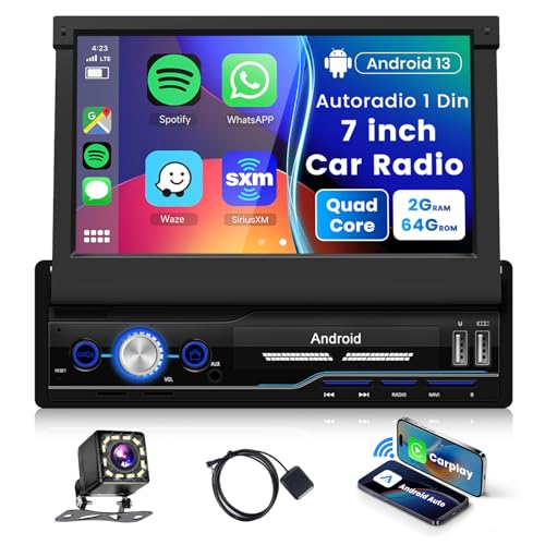 2G+64G Android Autoradio 1 Din Wireless Carplay Android Auto,7 Zoll Manuell Einziehbarer Bildschirm Autoradio mit Mirror Link Dual Bluetooth FM/RDS EQ WiFi Navi GPS USB Lenkradsteuerung Rückfahrkamera von Rimoody