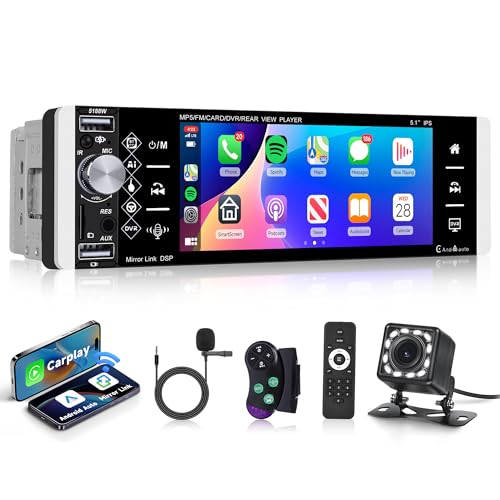 Rimoody Wireless Carplay Autoradio 1 Din, 5,1 Zoll HD Touchscreen Autoradio Single Din mit Knopf Bluetooth Mirror Link FM/AM/RDS/EQ/AUX/TF/U-Disk Lenkradsteuerung Rückfahrkamera von Rimoody