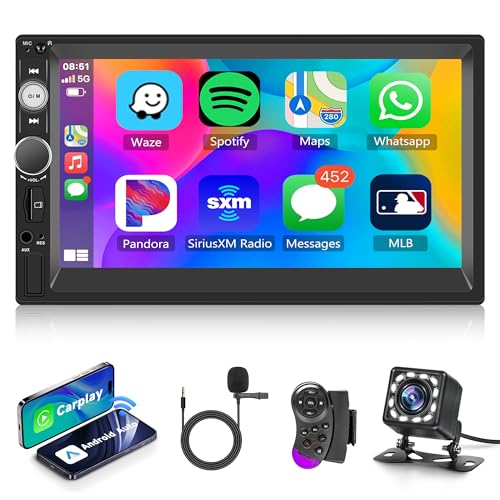 Rimoody Wireless Carplay Autoradio 2 Din mit Android Auto Bluetooth Freisprecheinrichtung Mirror Link 7 Zoll Touchscreen Autoradio mit Bluetooth FM Radio USB/TF/AUX Lenkradsteuerung + Rückfahrkamera von Rimoody