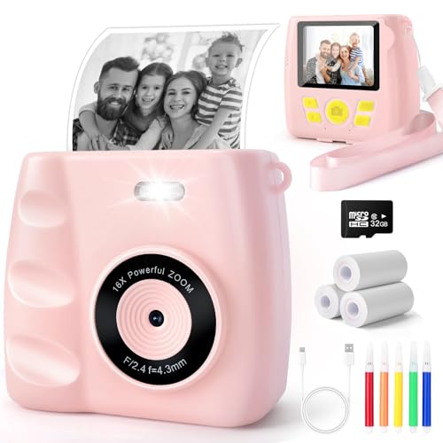 Riokko Kinderkamera Sofortbildkamera, Sofortbildkamera Kinder 2,4 Zoll Bildschirm 1080P Videokamera Kamera Kinder Sofortdruck mit 32GB Karte & 3 Rollen Druckpapier Geschenk für Kinder 3-12 Jahren von Riokko