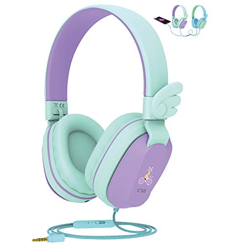 Riwbox Kinderkopfhörer Mit Kabel, CS6 Leichte Faltbare Stereo-Kopfhörer über Headset Sharing Funktion mit Mikrofon und Lautstärkeregler Kompatibel für PC/Kindle/Tablet Purple&Green von Riwbox