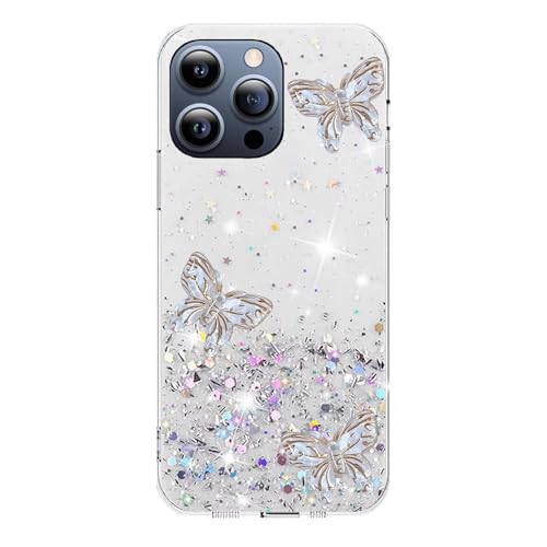 Miagon Crystal Glitzer Hülle für iPhone 14 Pro,Süß Bling Klar Handyhülle Transparent Sparkle Sterne Case Cover Slim Dünn Schutzhülle,Gold Schmetterling von Rnrieyta