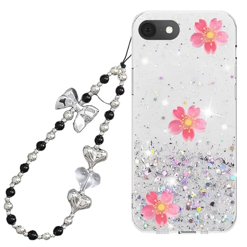 Miagon Glitzer Luminous Hülle für iPhone 8/7/SE 2020/2022/2023,Licht im Dunkeln Blume Leuchtend Bling Sparkle Case Cover Schutzhülle mit Perlen Herz Schmetterling Armband Kette von Rnrieyta