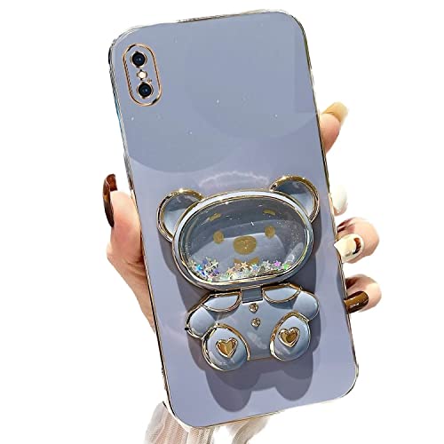 Rnrieyta Miagon Bär Spiegel Ständer Hülle für iPhone XR,Cute Mädchen Dünn Treibsand Glitzer Galvanisierte Schutzhülle Weiches Case Bumper mit Spiegel Halter Kickständer von Rnrieyta