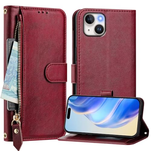 Rnrieyta Miagon Reißverschluss Brieftasche Hülle für iPhone 15,Magnet Handyhülle Tasche PU Leder Klapphülle Flip Case Geldbörse mit Trageband Kartenfach von Rnrieyta