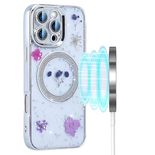 Rnrieyta Miagon Stark Magnetisch Glitzer Getrocknete Blume Handyhülle für iPhone 14 Pro Max,[Kompatibel mit MagSafe] Durchsichtig Trocken Echte Blumen Hülle Schutzhülle mit Kamera Objektiv Schutz von Rnrieyta