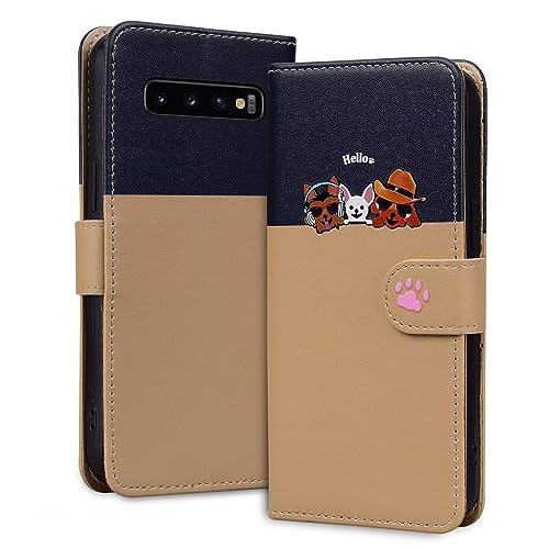 Rnrieyta Miagon für Samsung Galaxy S10 Plus Hülle,Cartoon Cute Hund Katze Handyhülle Gespleißt Brieftasche Klapphülle mit Kartenfach Ständer PU Leder Flip Case Cover Magnetverschluss,Kaffee von Rnrieyta