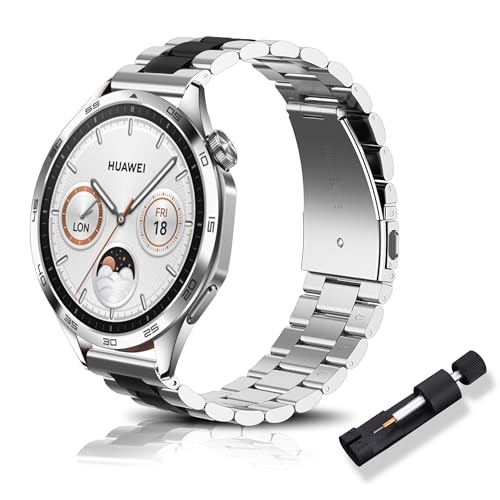 RoYiio Ersatz-Armband Kompatibel mit Huawei Watch GT 4 46mm/GT 3 46mm/GT Runner/GT 2 46mm, Schön Poliert 22mm Edelstahl-Uhrenarmband Kompatibel mit Huawei Watch Ultimate/Watch 4 Pro - Silber schwarz von RoYiio