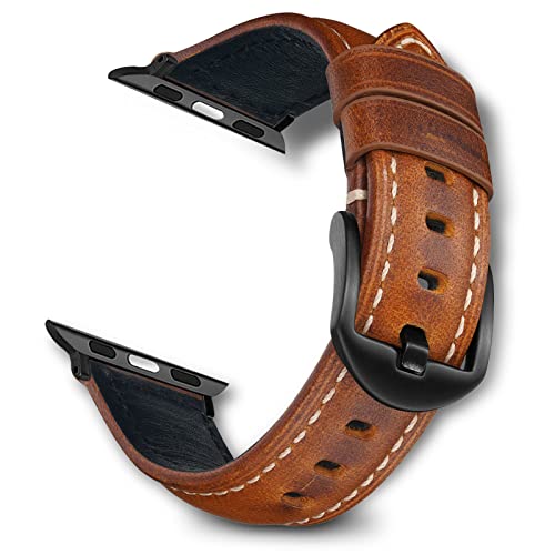 RoYiio ErsatzArmband Kompatibel mit Apple Watch Armband 38mm 40mm 41mm Series 10 42mm, Weich und Bequem, Öl-Wachs-Leder ErsatzArmband für iWatch Series 10/9/8/7/6/5/4/3/2/1/SE - Hellbraun von RoYiio