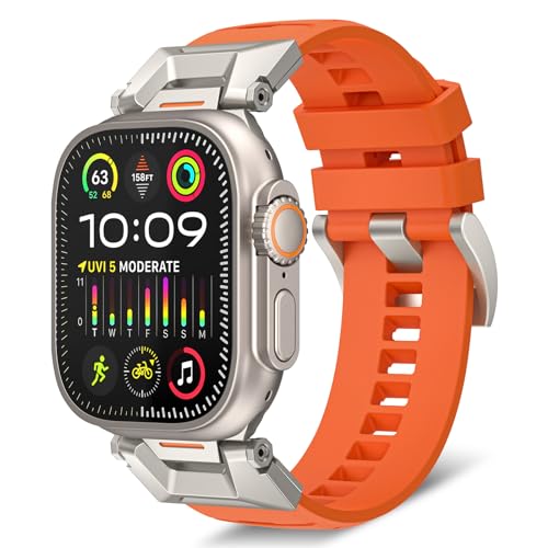 RoYiio Armband Kompatibel mit Apple Watch Ultra 2 49mm Armband aus Edelstahl 304 und Fluorkautschuk für Series 10 46mm, Series 9/8/7 45mm, Series 6/5/4/SE 44mm, Series 3/2/1 42mm - Orange von RoYiio