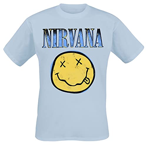 Nirvana T-Shirt Smile Blau Band Logo Neu Offiziell Herren Light Blau Größe S von Rock Off