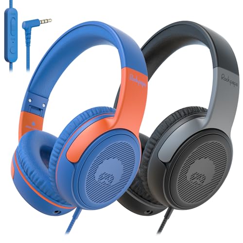 RockPapa Share 2 Pack Kinder Kopfhörer, 85dB/94dB Lautstärkebegrenzung, Kopfhörer Kinder mit Mikrofon, Sharing-Funktion, Faltbarer Kopfhörer Over-Ear für Schule, Travel (Schwarz Grau/Blau Orange) von RockPapa