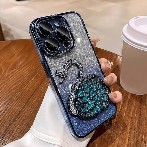 Roemary Swan Schutzhülle für iPhone 16 Pro Max, für iPhone 16 Pro Max, flüssigkeitsfließend, blaue Schwan-Handyhülle mit Kameraschutz, blauer Bumper und blauer Rückseite von Roemary