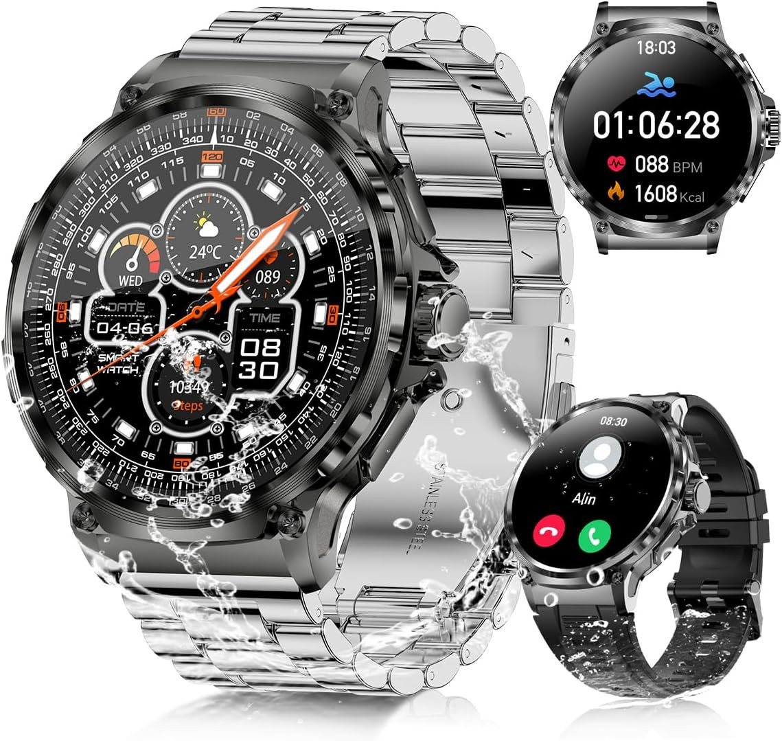 Rogbid Fur Herren mit Telefonfunktion IP69 Wasserdicht Militär Smartwatch (1.85 Zoll, Android/iOS), mit Herzfrequenz Schlafüberwachung 110+ Sportmodi AMOLED Outdoor von Rogbid