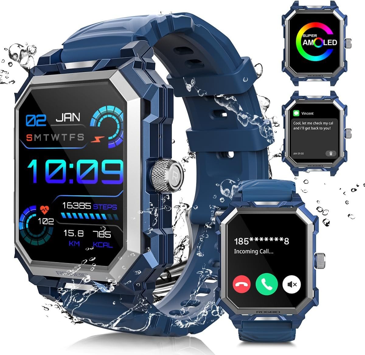 Rogbid Tank Fur Herren mit Telefonfunktion Bluetooth AnrufeIP68Wasserdicht Smartwatch (1.96 Zoll, Android / iOS), mit Herzfrequenzmonitor Schlafmonitor Sport von Rogbid