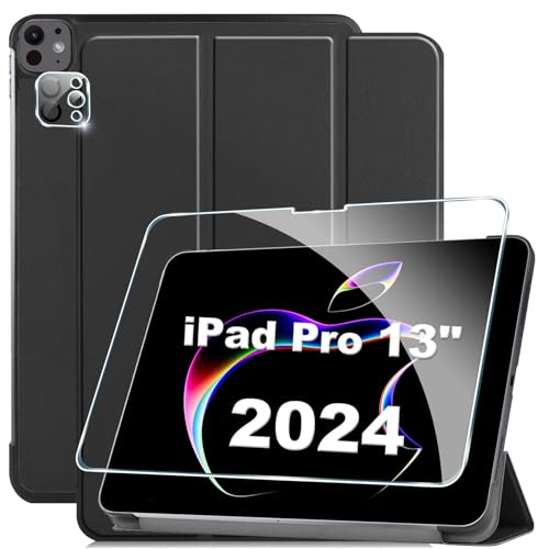 Rojeuinn Hülle magnetisch für iPad Pro 13 Zoll case M4 (2024),1 Stücks Schutzglas Schutzfolie+1 Stück Kameraschutz,9H Härte Anti-Kratzen, dünne dreifach Faltbare Stand, Schwarz von Rojeuinn