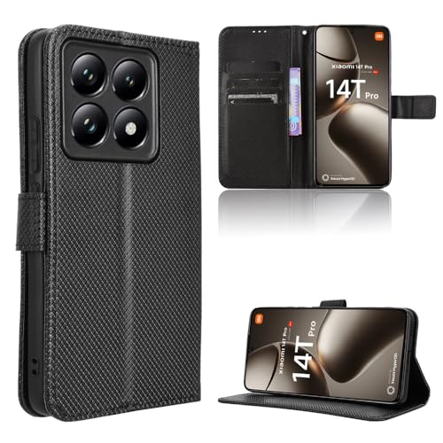 Rojeuinn Hülle für Xiaomi 14T Pro 5G Handyhülle-Hülle Stoßfest Case Cover-Handy Case in Premium Kohlefaser [Klappbar Flip] [Standfunktion Tasche] -Schwarz von Rojeuinn