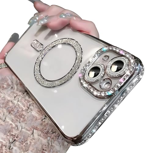 Rokmym Hülle kompatibel mit iPhone 13 Pro Max Transparent mit Mag-Safe Handyhülle Bling Diamant Glitzer Kamera Schutz Soft TPU Bumper Stoßfest Cover Case Schutzhülle für iPhone 13 Pro Max,Silber von Rokmym