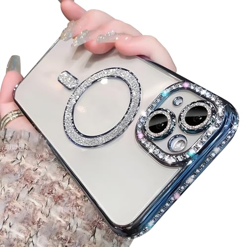 Rokmym Hülle kompatibel mit iPhone 13 Transparent mit Mag-Safe Handyhülle Bling Diamant Glitzer Kamera Schutz Soft TPU Bumper Stoßfest Cover Case Schutzhülle für iPhone 13,blau von Rokmym