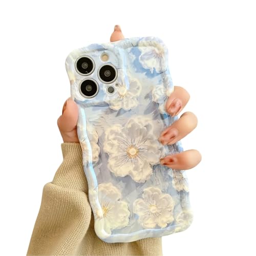 Rokmym Hülle kompatibel mit iPhone 15 Pro Max Vintage Ölgemälde Blume Handyhülle Wellen Rahmenform TPU Weich Silikon Schutzhülle Ultra Dünne Anti-Kratzen Stoßfeste Case Cover ，Blau von Rokmym