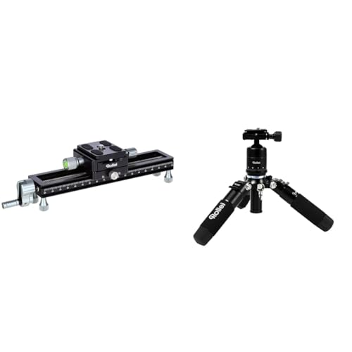 Rollei Makroschlitten, Stabiler Foto/Video Makro-Einstellschlitten für DSLR und System Foto-Kameras. Schwarz & Compact Traveler Mini M1 I Schwarz I Leichtes Mini-Reisestativ aus Aluminium von Rollei