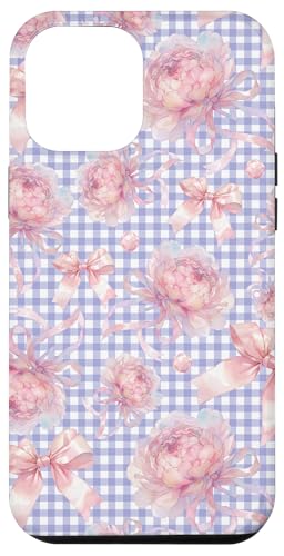 Hülle für iPhone 15 Pro Max Rosa Pfingstrosen- und Schleifenmuster auf lila lila Gingham von Romantisches Blumenbandmuster