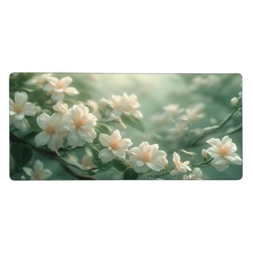 Gaming Mauspad XXL 800x300x3mm Weiß Blume Mousepad Groß Vernähte Kanten, Weiche Oberfläche, Rutschfeste Gummibasis, für PC, MacBook, Laptop, Großer Erweiterter Schreibtisch Schutz Für Home Office Z-7 von Roogsoo