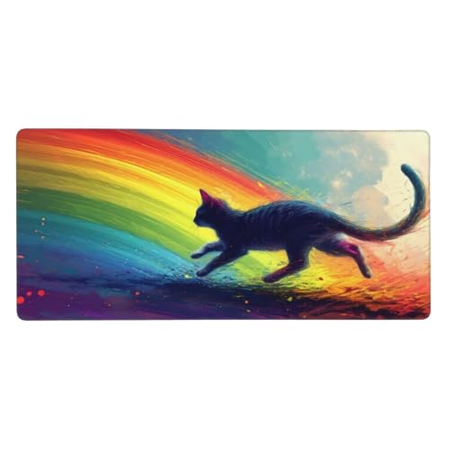 Mauspad Regenbogen Katze Gaming Mousepad XXL 1600x800x3mm, Große Schreibtisch Matte, Nicht rutschender Unterlage, Verbessert Präzision und Geschwindigkei, Vernähten Kanten, PC MacBook Laptop Z23 von Roogsoo