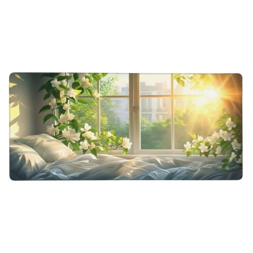 Mauspad Weiß Blume Gaming Mousepad XXL 1000x500x4mm, Große Schreibtisch Matte, Nicht rutschender Unterlage, Verbessert Präzision und Geschwindigkei, Vernähten Kanten, Familie PC MacBook Laptop Z-11 von Roogsoo