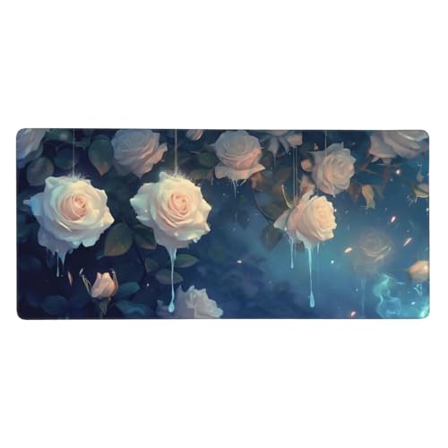 Mauspad Weiß Blume Gaming Mousepad XXL 900x400x3mm, Große Schreibtisch Matte, Nicht rutschender Unterlage, Verbessert Präzision und Geschwindigkei, Vernähten Kanten, Familie PC MacBook Laptop Z-10 von Roogsoo