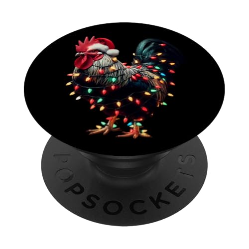 Hahn mit Weihnachtsmütze und Weihnachtsbeleuchtung Hahn Französisch PopSockets Klebender PopGrip von Rooster With Santa Hat And Christmas Products